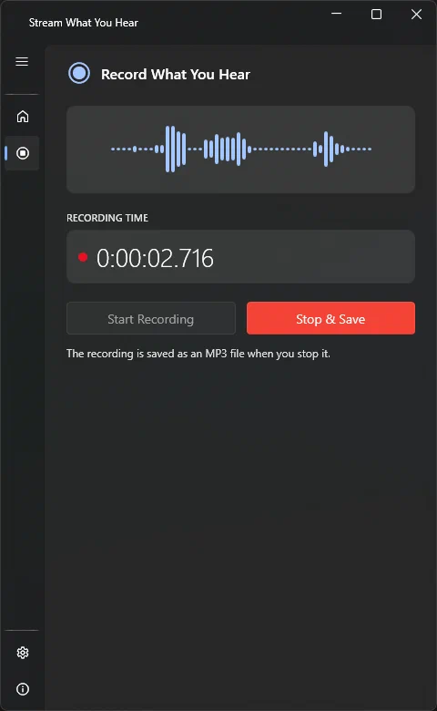 SWYH Record page with waveform, recording timer and Stop and Save button.