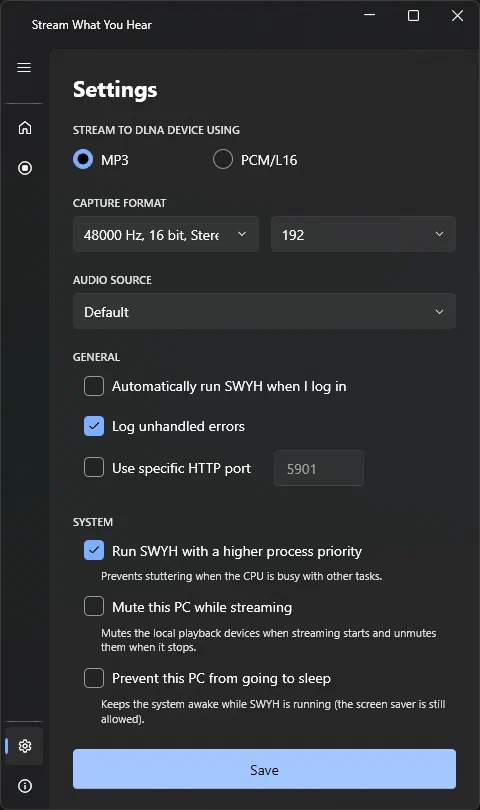 SWYH Settings showing MP3 and PCM/L16 output options, capture format and audio source.